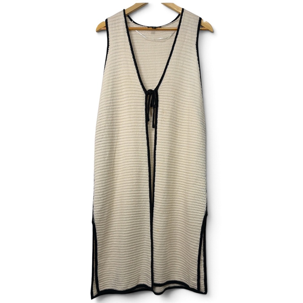 Calligraphie Longline Textured Knit Vest Cream Black Contrast Tie Front Duster L